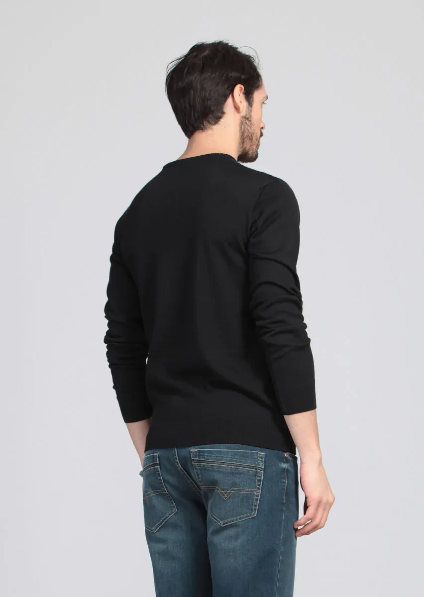 Siyah Jakarlı Yün Karışımlı Triko Kazak - 5