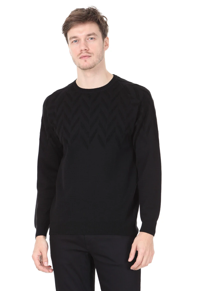 Siyah Jakarlı Yün Karışımlı Triko Kazak - 1