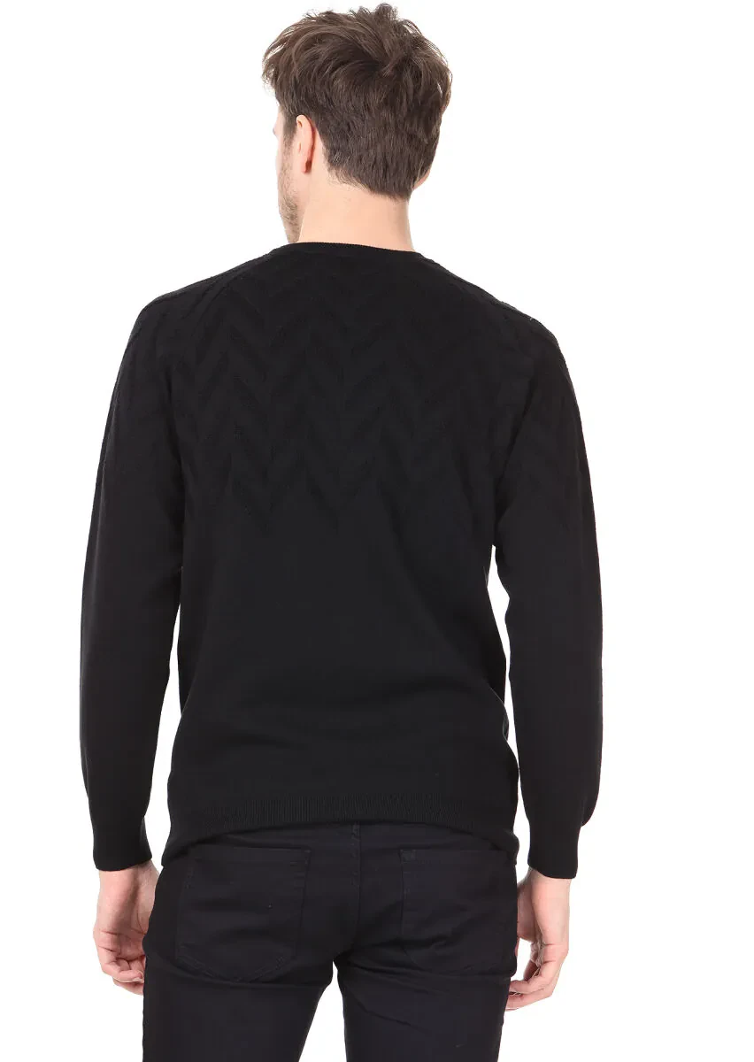 Siyah Jakarlı Yün Karışımlı Triko Kazak - 4