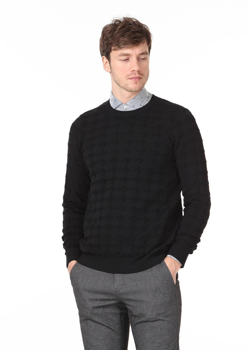 Siyah Jakarlı Yün Karışımlı Triko Kazak - 1