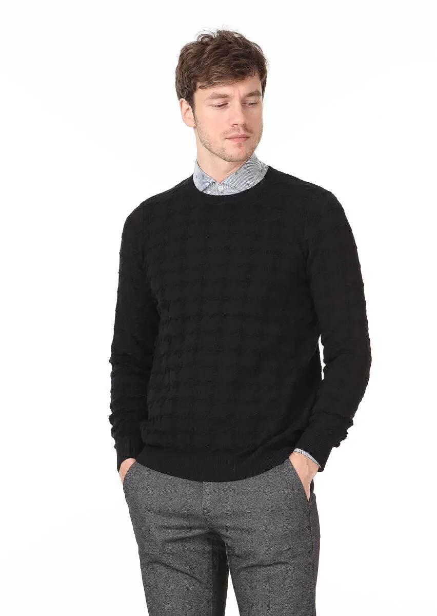 Siyah Jakarlı Yün Karışımlı Triko Kazak - 1