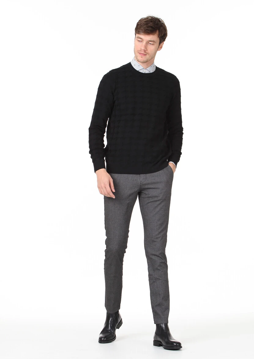 Siyah Jakarlı Yün Karışımlı Triko Kazak - 3