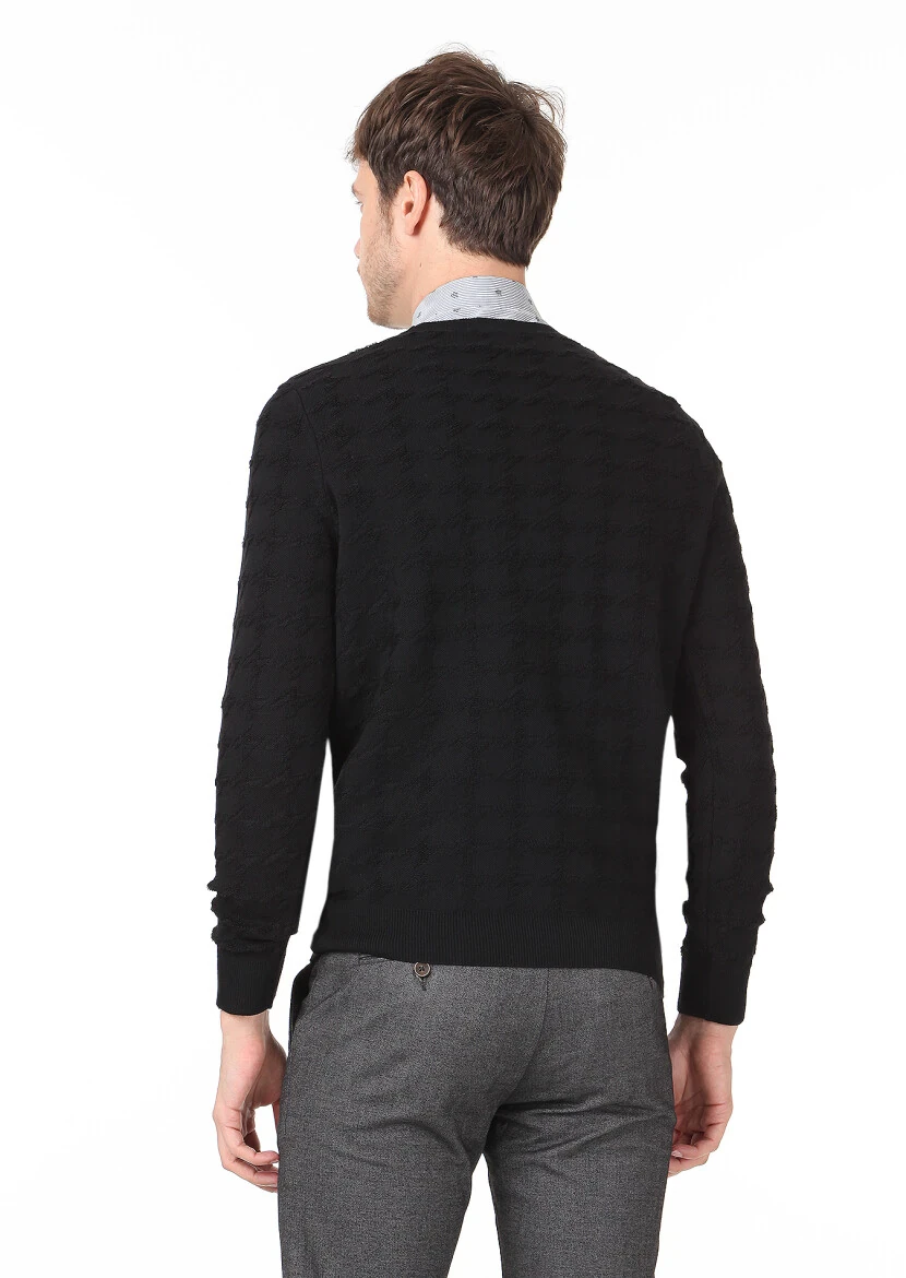 Siyah Jakarlı Yün Karışımlı Triko Kazak - 4