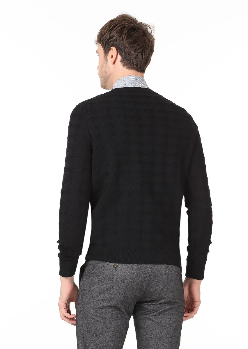Siyah Jakarlı Yün Karışımlı Triko Kazak - 4