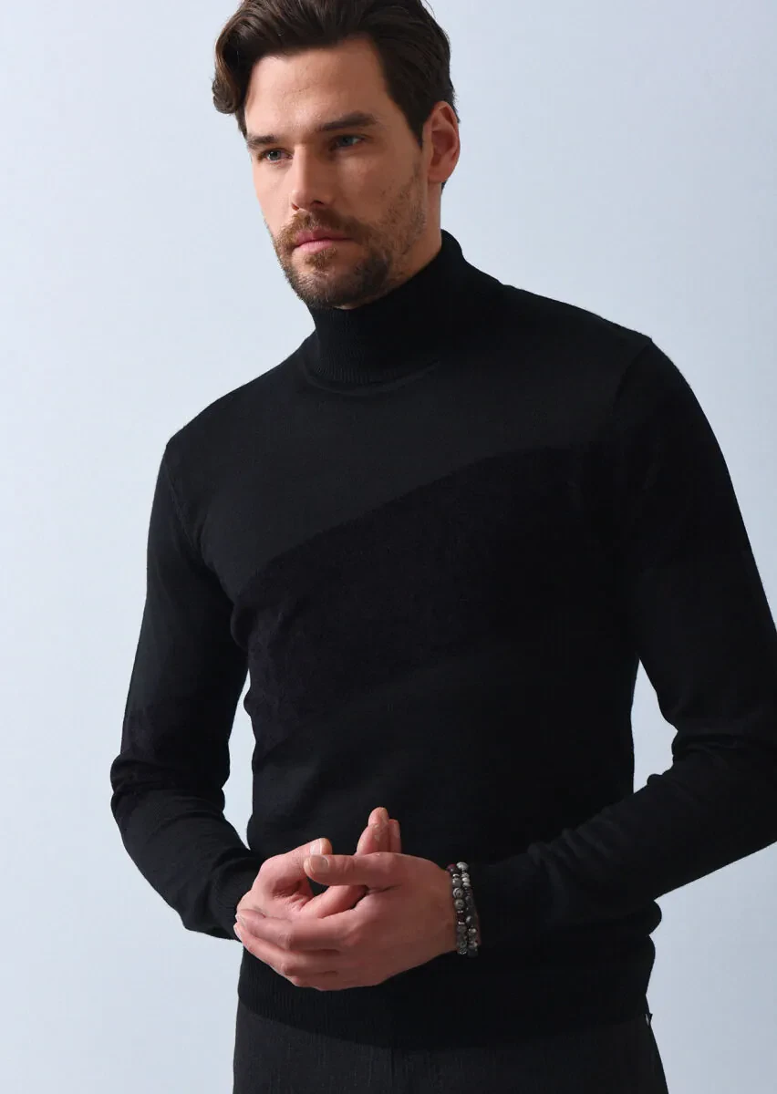 Siyah Jakarlı Yün Karışımlı Triko Kazak - 1