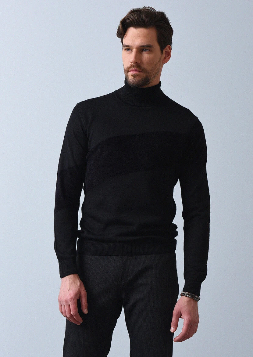 Siyah Jakarlı Yün Karışımlı Triko Kazak - 3