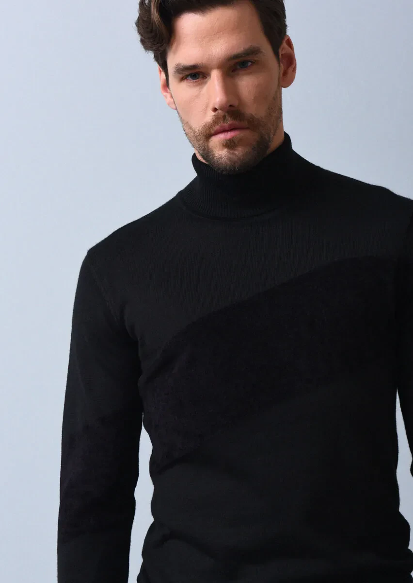 Siyah Jakarlı Yün Karışımlı Triko Kazak - 4