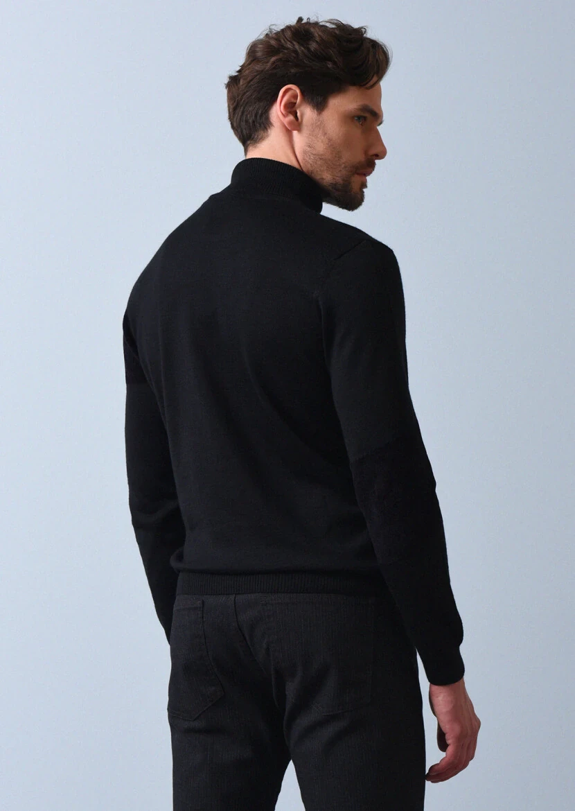 Siyah Jakarlı Yün Karışımlı Triko Kazak - 5