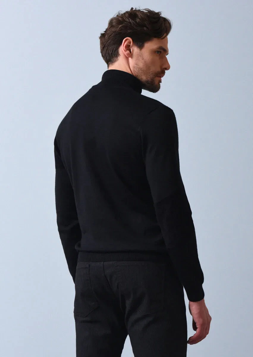 Siyah Jakarlı Yün Karışımlı Triko Kazak - 5