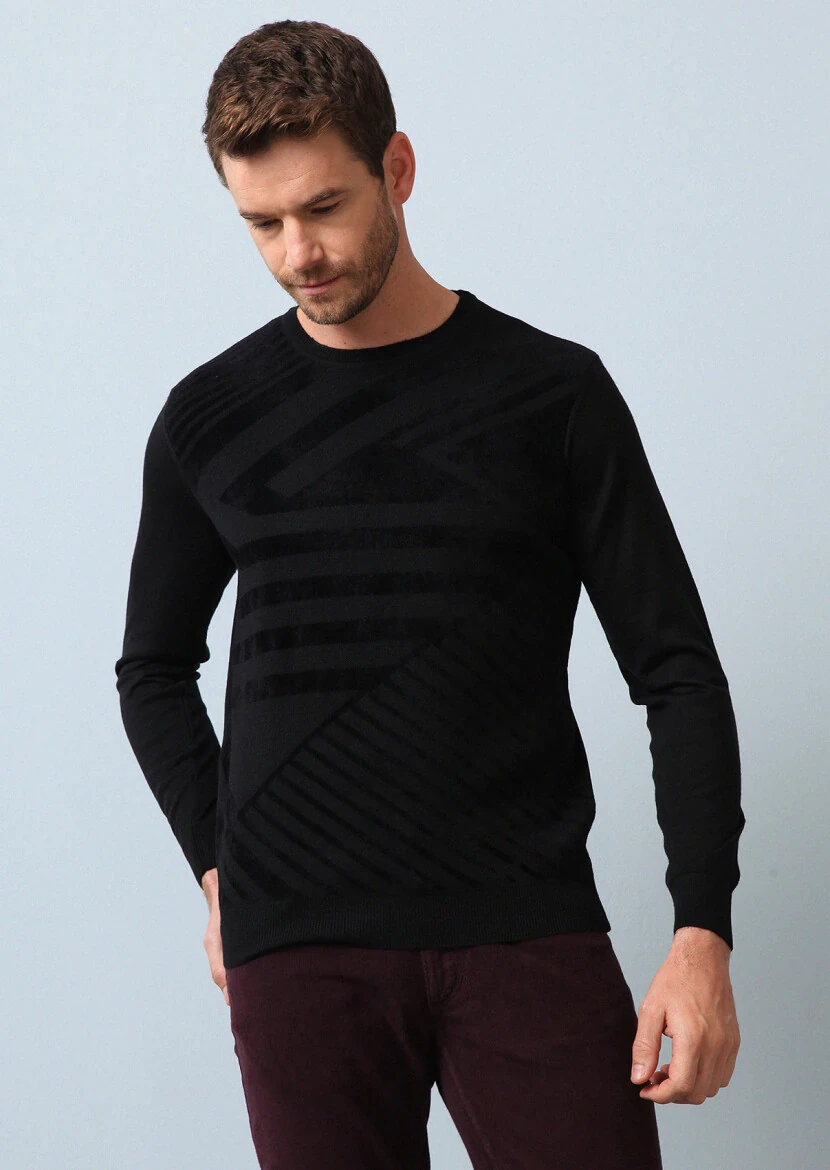 Siyah Jakarlı Yün Karışımlı Triko Kazak - 1