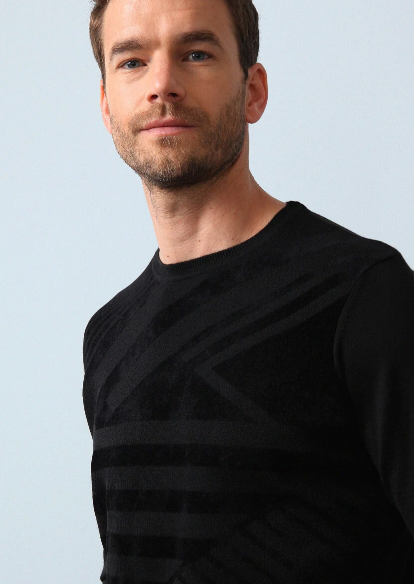 Siyah Jakarlı Yün Karışımlı Triko Kazak - 2