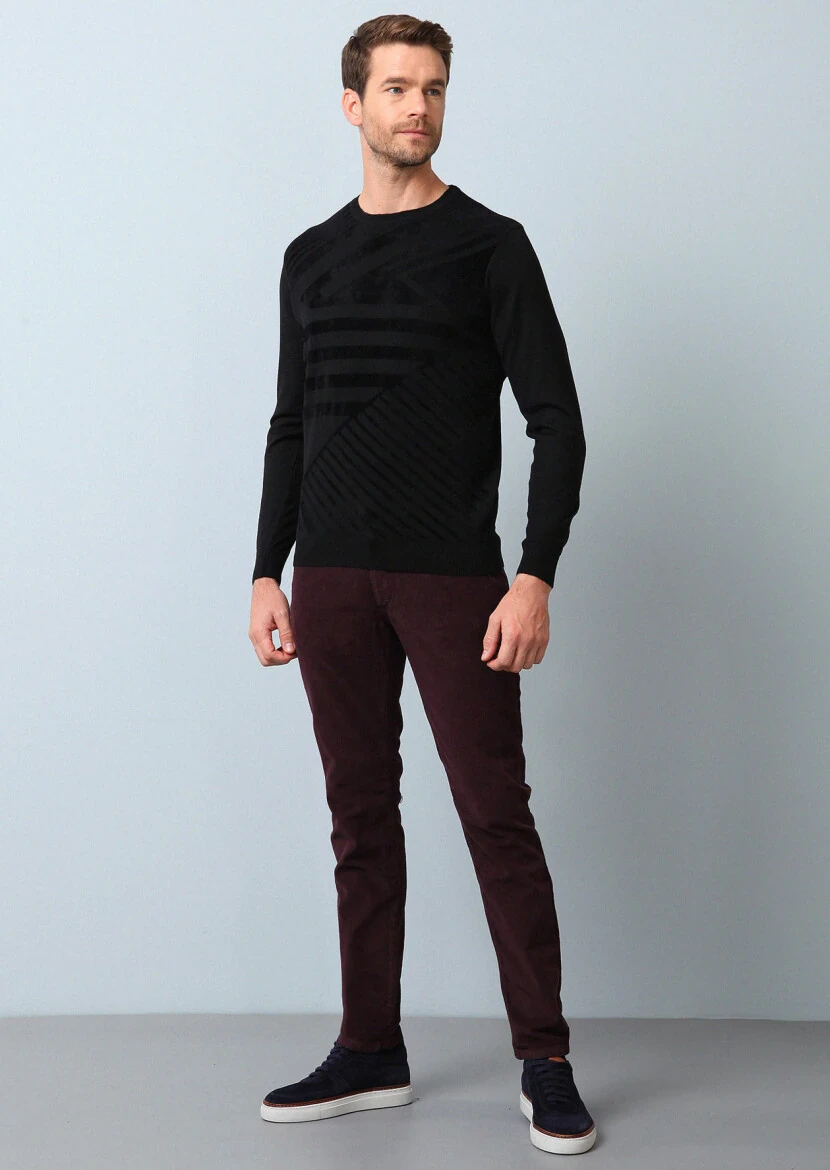 Siyah Jakarlı Yün Karışımlı Triko Kazak - 3