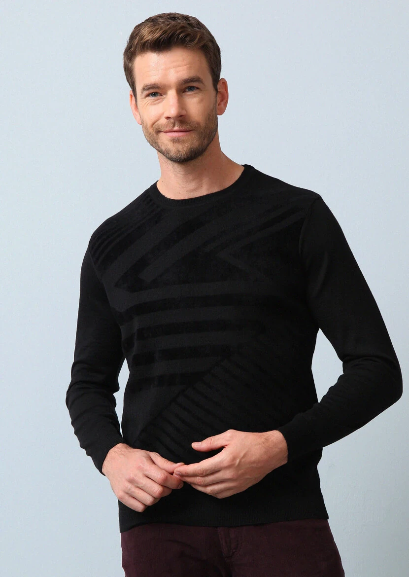 Siyah Jakarlı Yün Karışımlı Triko Kazak - 4