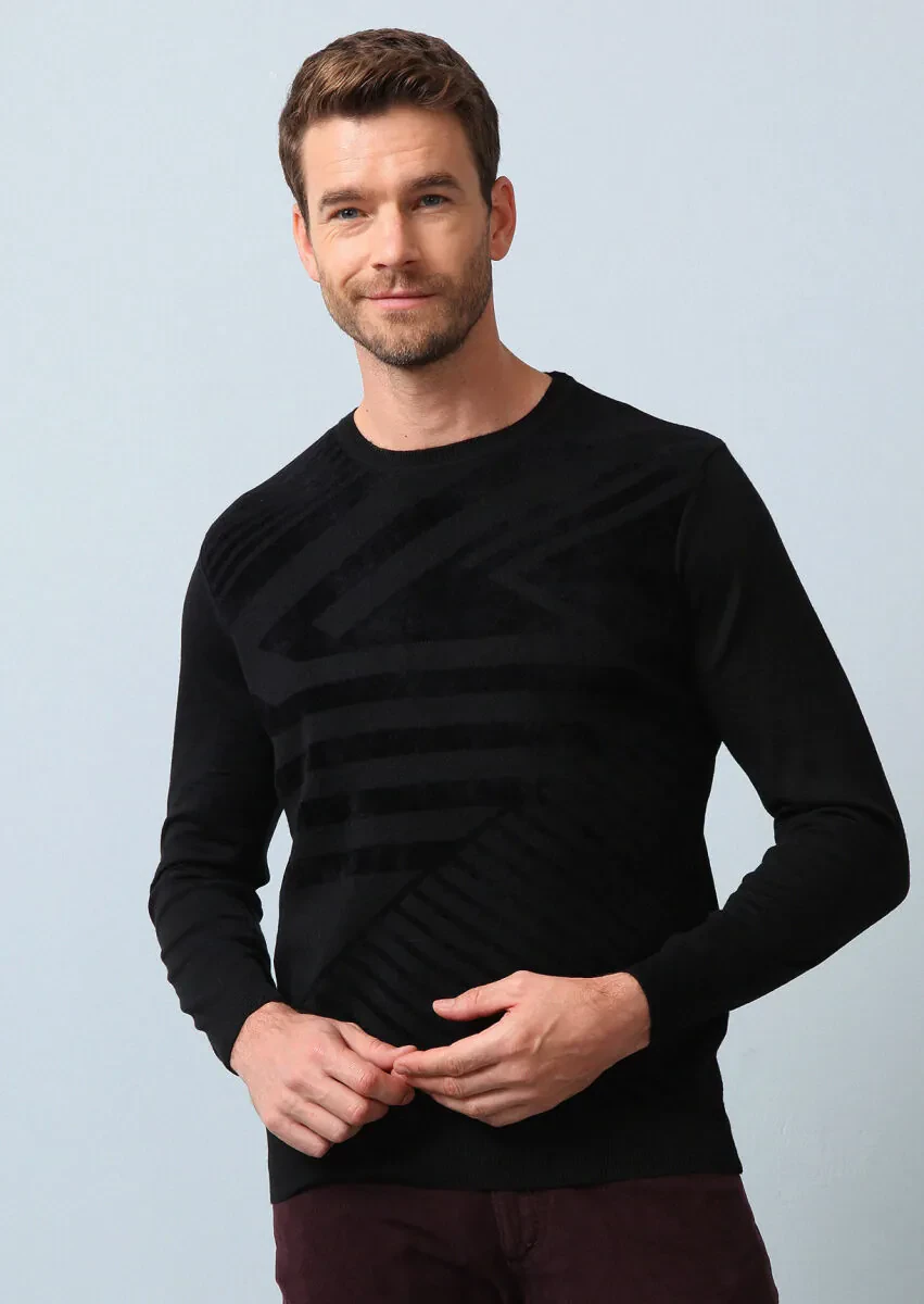 Siyah Jakarlı Yün Karışımlı Triko Kazak - 4