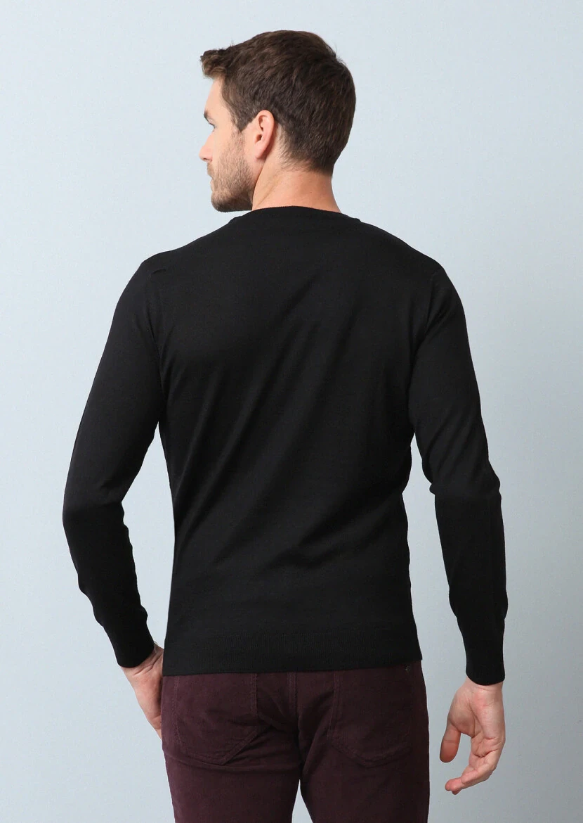 Siyah Jakarlı Yün Karışımlı Triko Kazak - 5