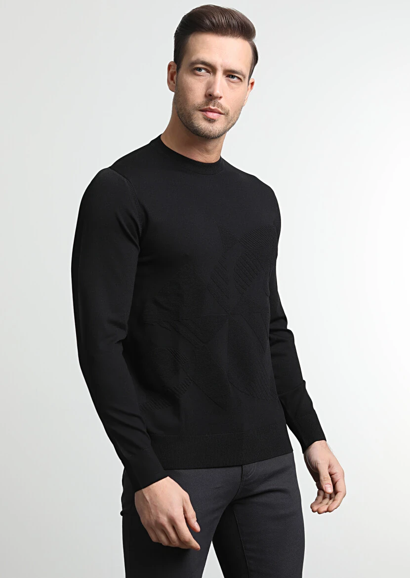 Siyah Jakarlı Yün Karışımlı Triko Kazak - 1