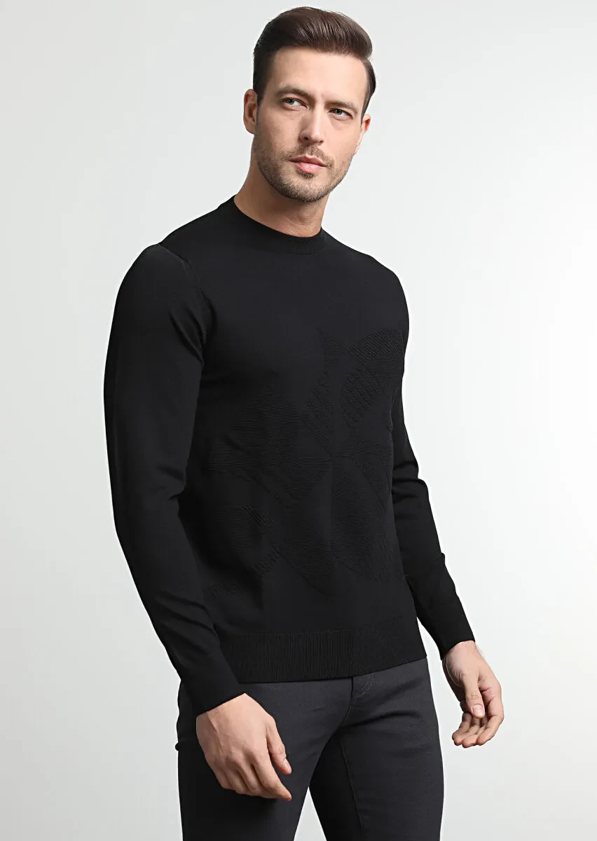 Siyah Jakarlı Yün Karışımlı Triko Kazak - 1