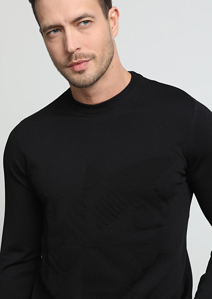 Siyah Jakarlı Yün Karışımlı Triko Kazak 