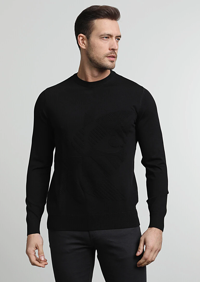 Siyah Jakarlı Yün Karışımlı Triko Kazak - 3