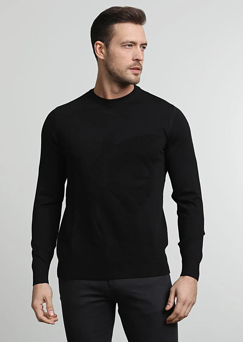 Siyah Jakarlı Yün Karışımlı Triko Kazak - 3