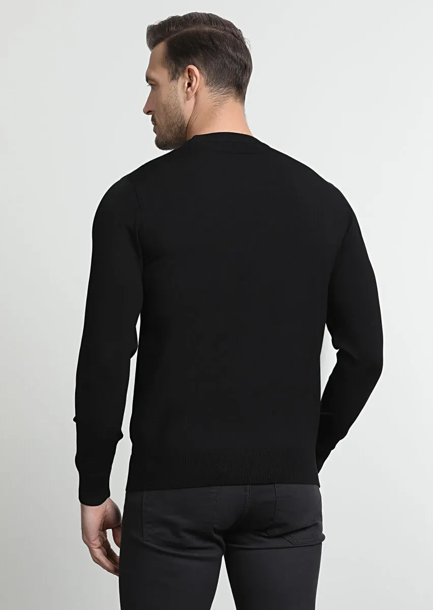 Siyah Jakarlı Yün Karışımlı Triko Kazak - 4