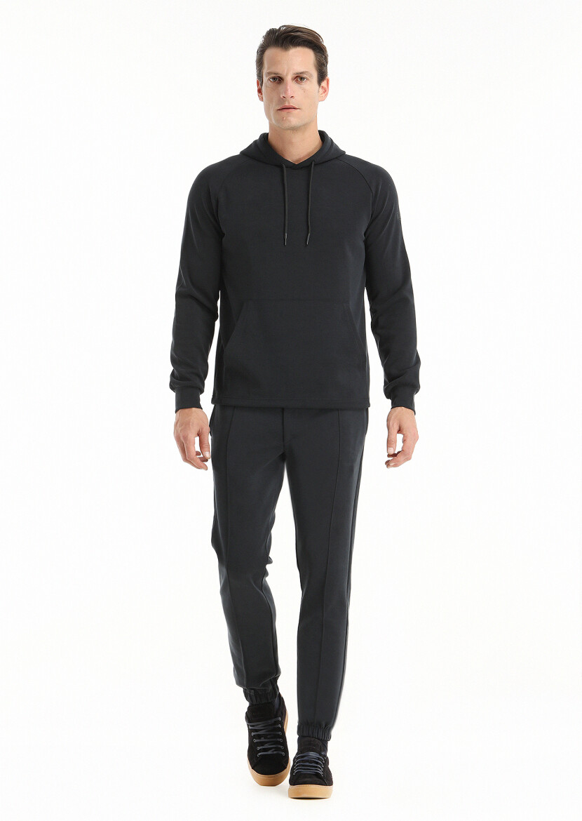 Siyah Kapüşonlu Düz Sweatshırt - 1