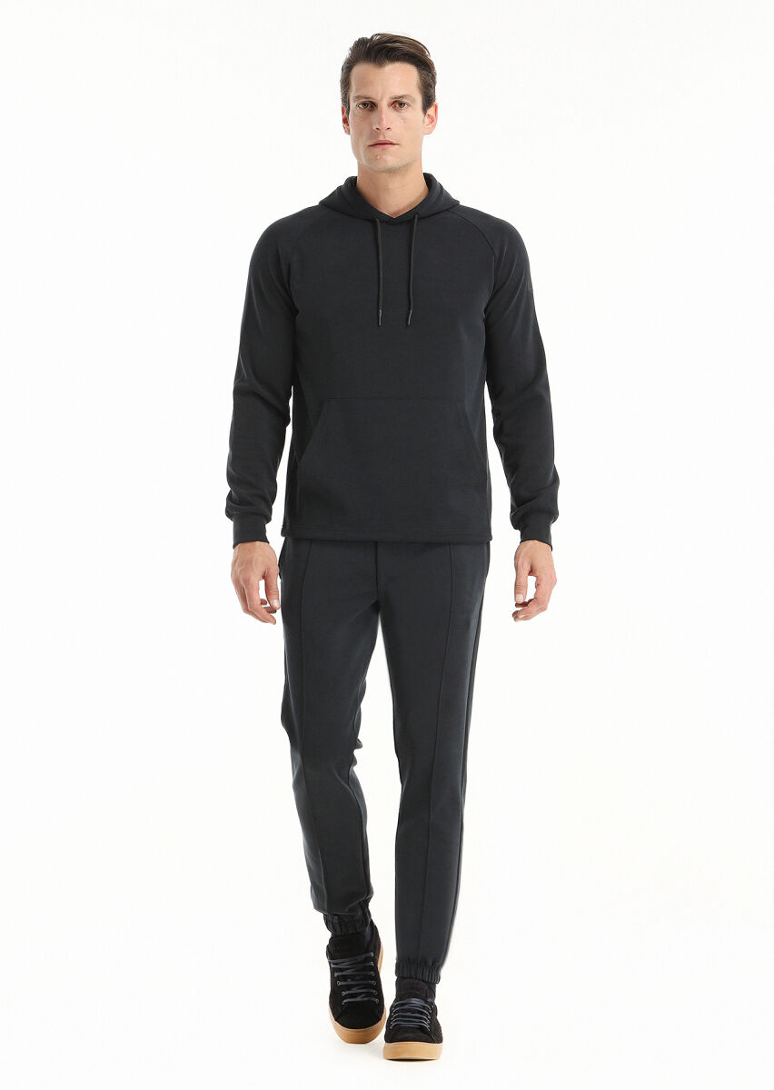 Siyah Kapüşonlu Düz Sweatshırt - 1