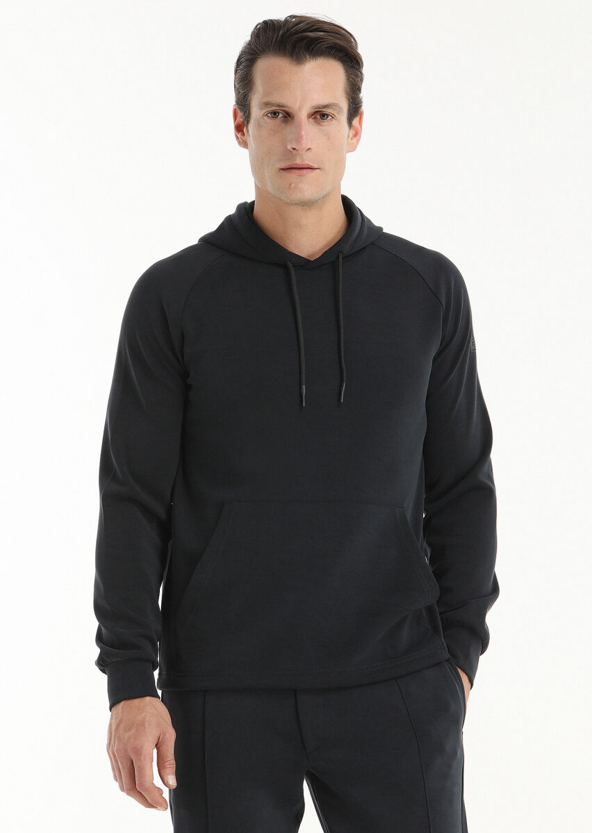 Siyah Kapüşonlu Düz Sweatshırt - 2
