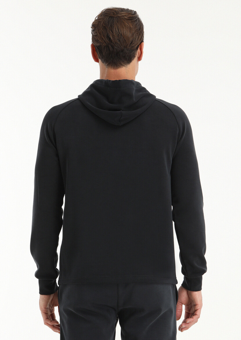 Siyah Kapüşonlu Düz Sweatshırt - 5