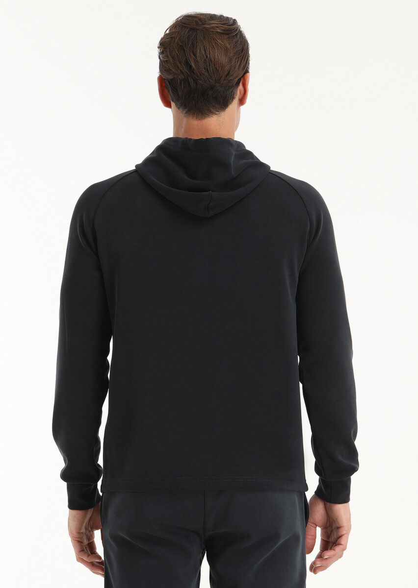 Siyah Kapüşonlu Düz Sweatshırt - 5