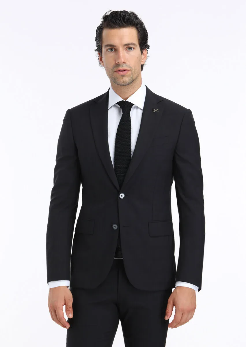 Siyah Kareli Modern Fit %100 Yün Takım Elbise - 2