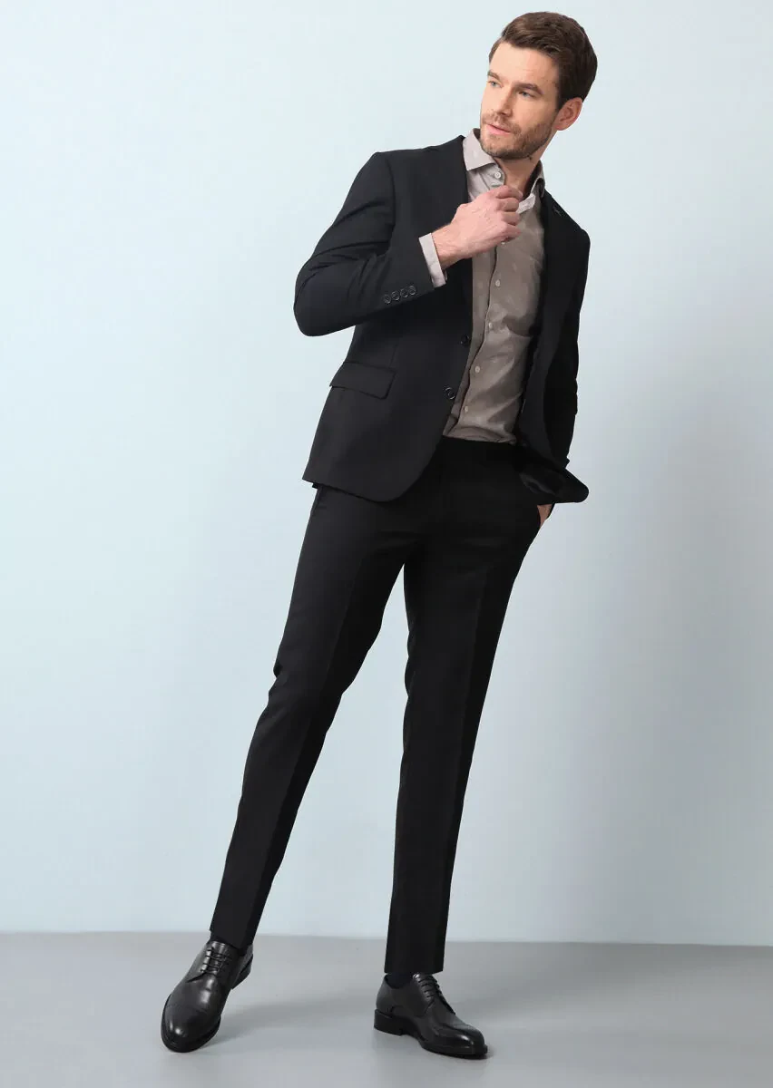 Siyah Kareli Zeroweight Slim Fit %100 Yün Takım Elbise - 1