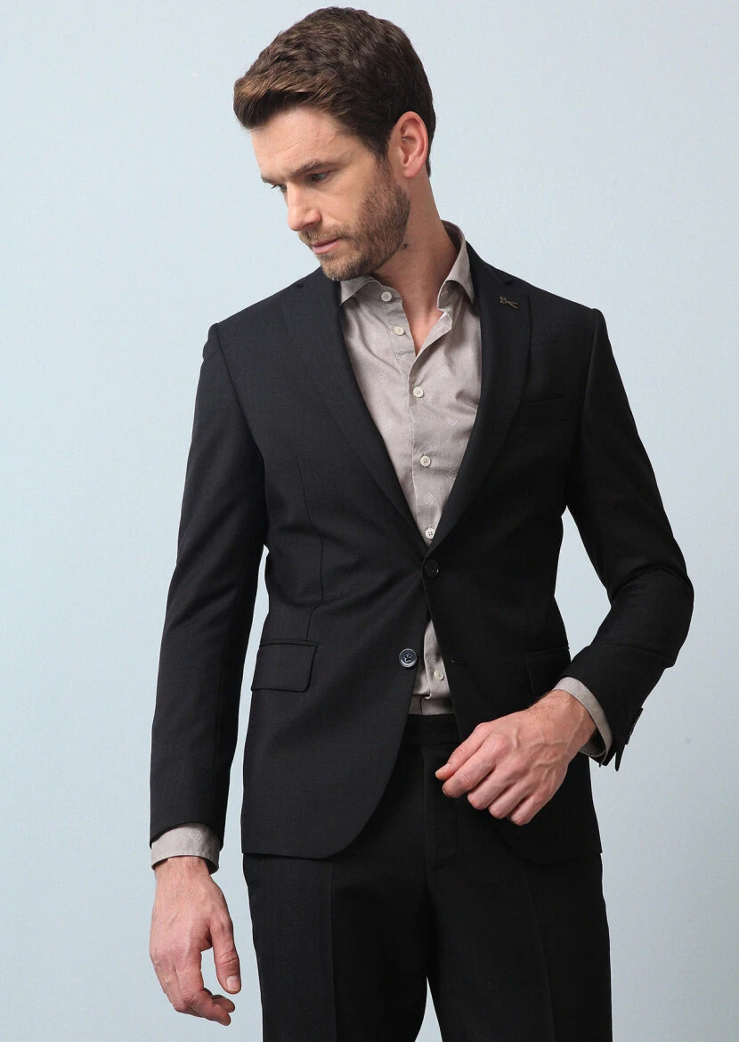 Siyah Kareli Zeroweight Slim Fit %100 Yün Takım Elbise - 3