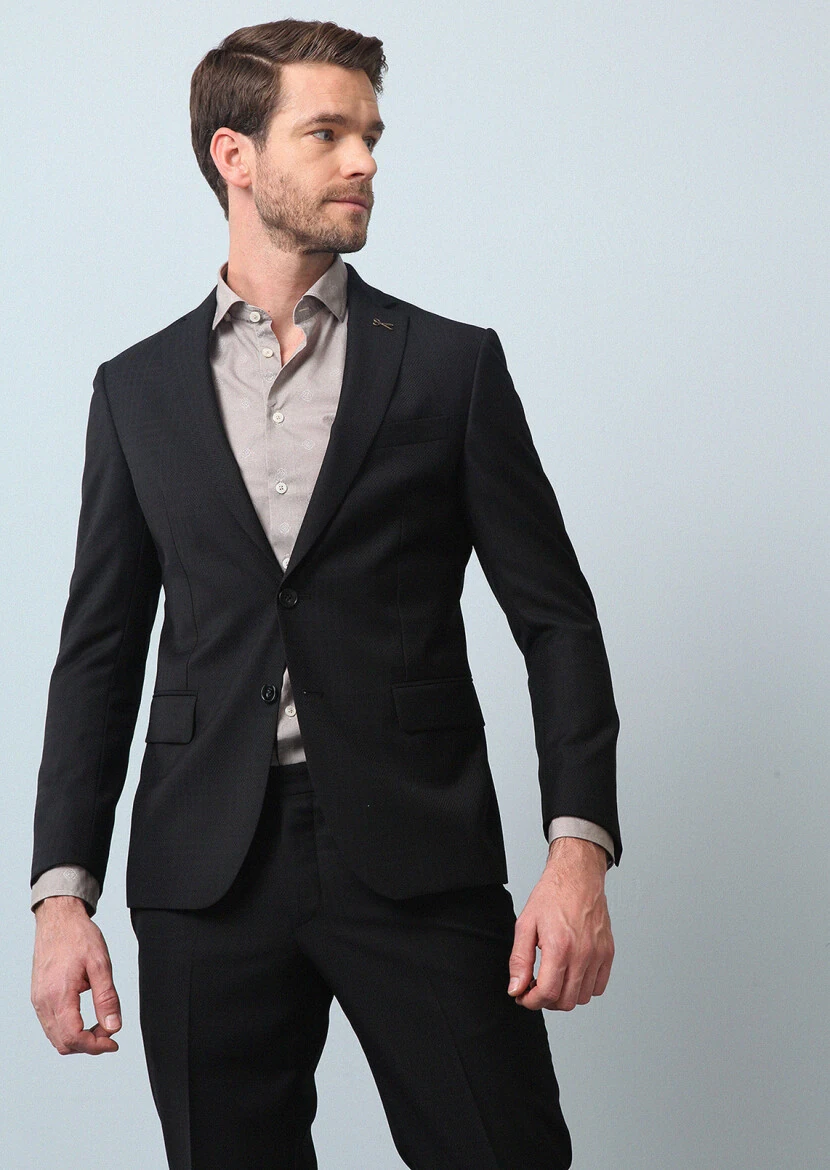 Siyah Kareli Zeroweight Slim Fit %100 Yün Takım Elbise - 4