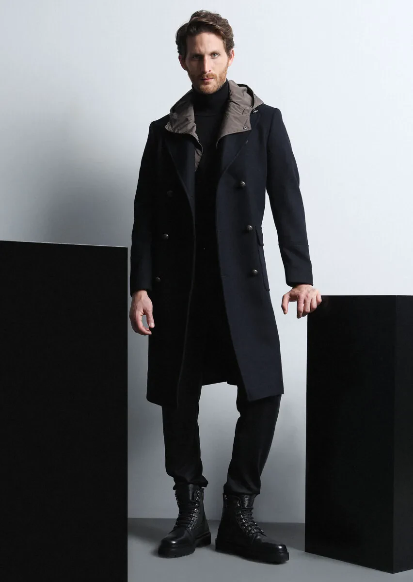 Siyah Kruvaze Yaka Casual Dokuma Palto - 1