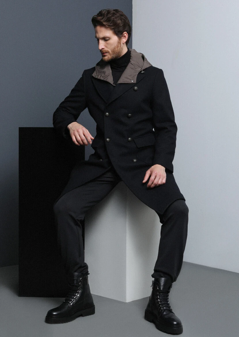 Siyah Kruvaze Yaka Casual Dokuma Palto - 2