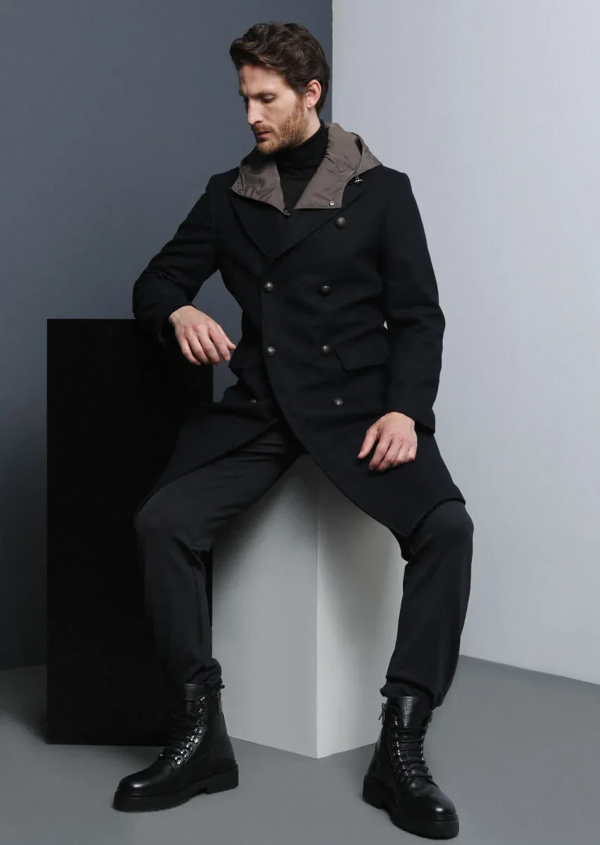 Siyah Kruvaze Yaka Casual Dokuma Palto - 2