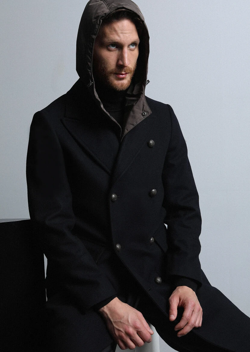 Siyah Kruvaze Yaka Casual Dokuma Palto - 3