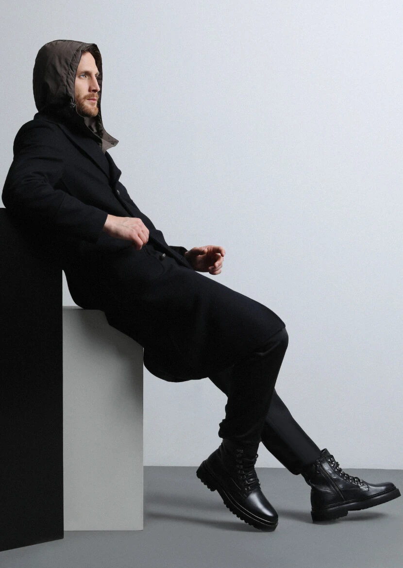 Siyah Kruvaze Yaka Casual Dokuma Palto - 4