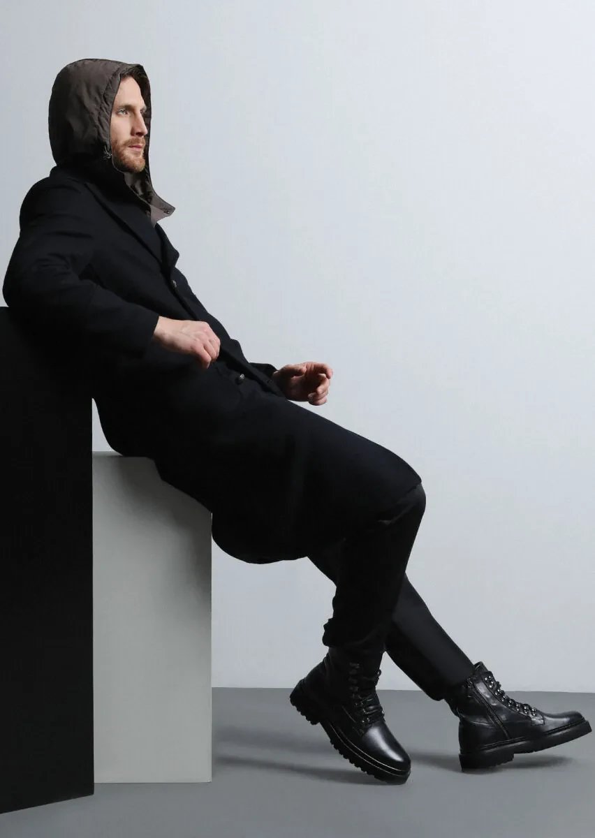 Siyah Kruvaze Yaka Casual Dokuma Palto - 4