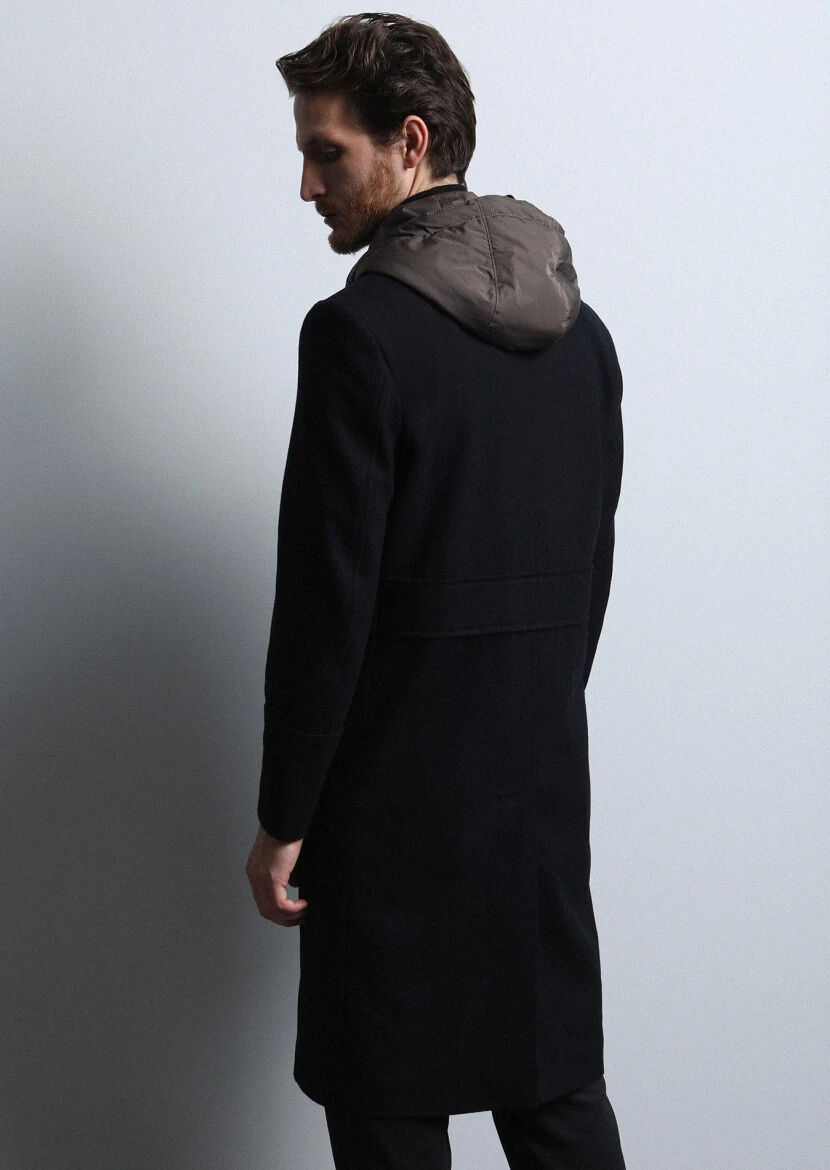 Siyah Kruvaze Yaka Casual Dokuma Palto - 5