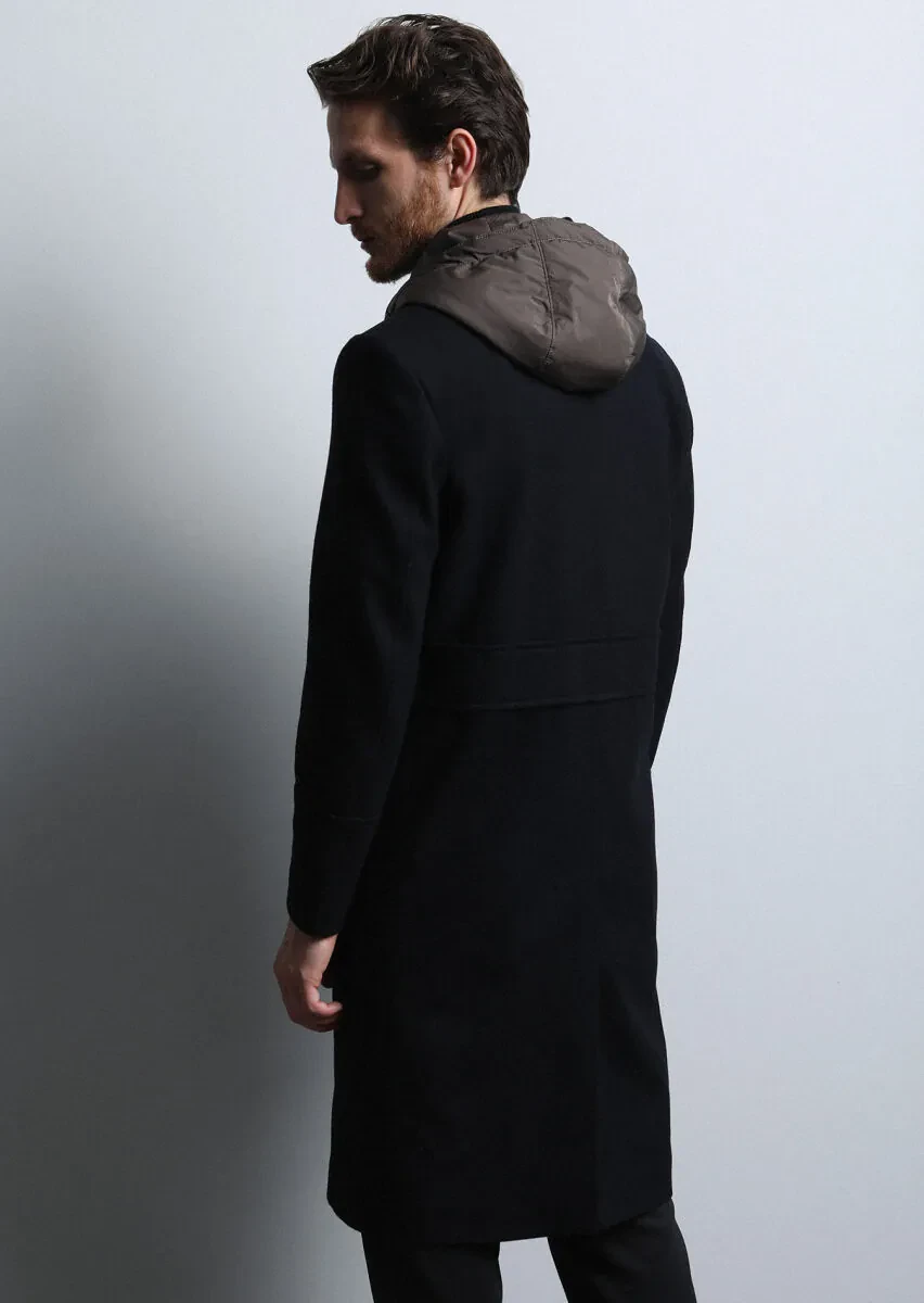 Siyah Kruvaze Yaka Casual Dokuma Palto - 5