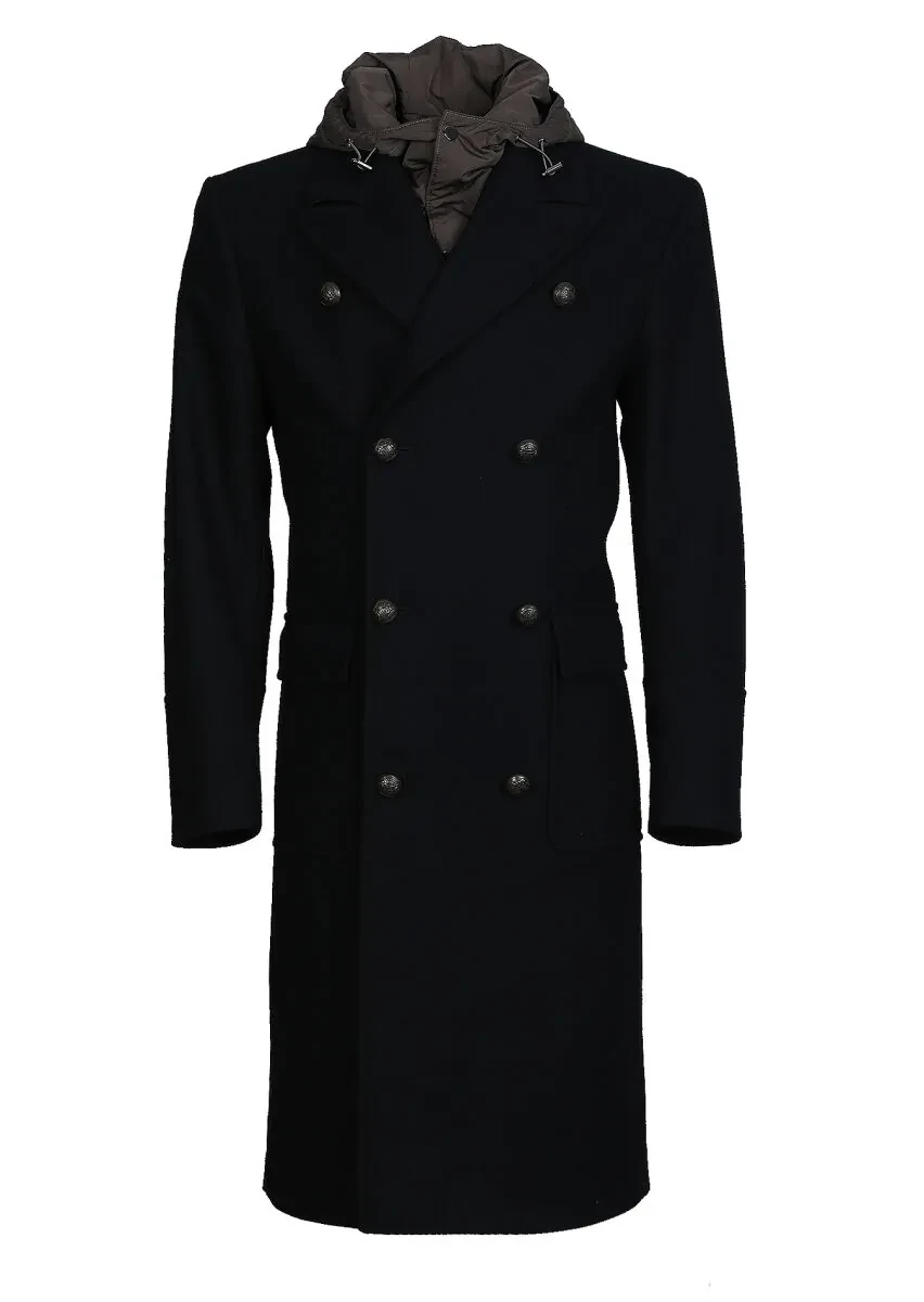 Siyah Kruvaze Yaka Casual Dokuma Palto - 6