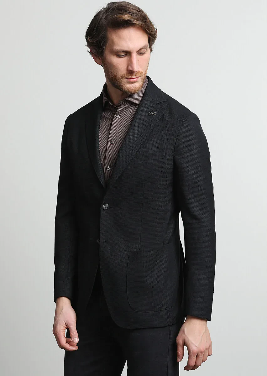 Siyah Mikro Comfort Fit %100 Yün Ceket - 1