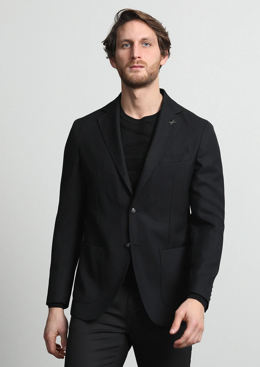Siyah Mikro Comfort Fit %100 Yün Ceket - 1