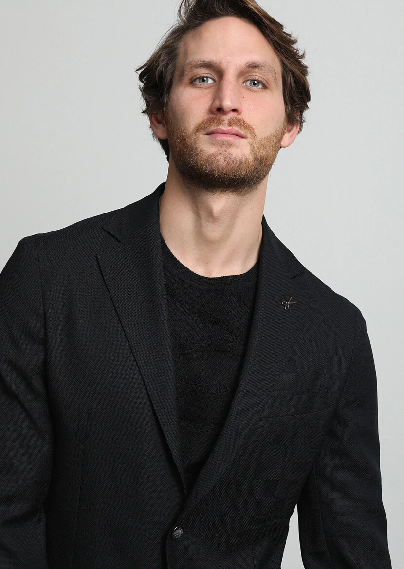 Siyah Mikro Comfort Fit %100 Yün Ceket - 2