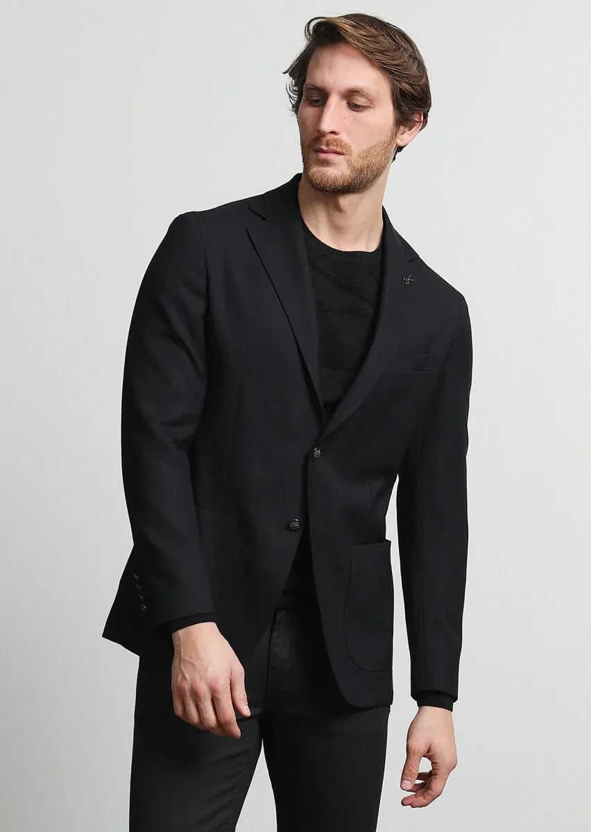 Siyah Mikro Comfort Fit %100 Yün Ceket - 3