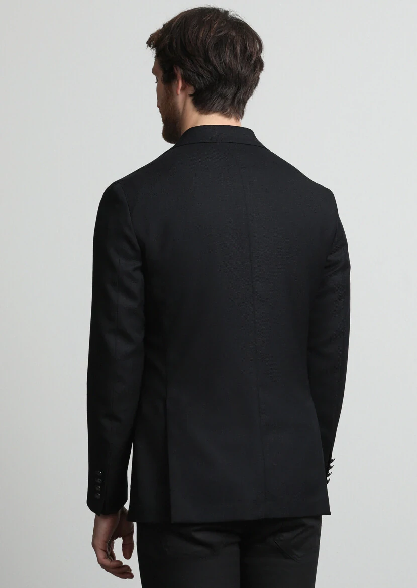 Siyah Mikro Comfort Fit %100 Yün Ceket - 4