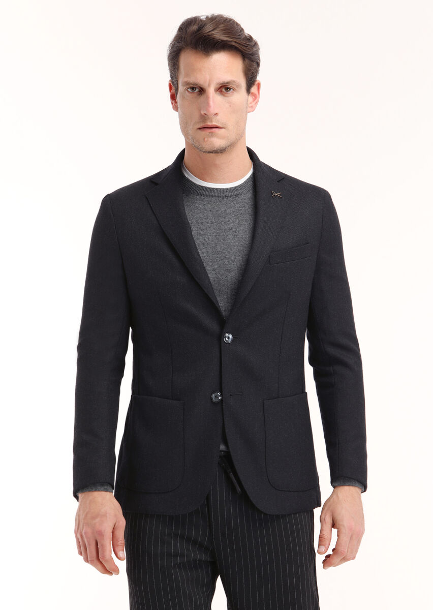 Siyah Mikro Comfort Fit %100 Yün Ceket - 2