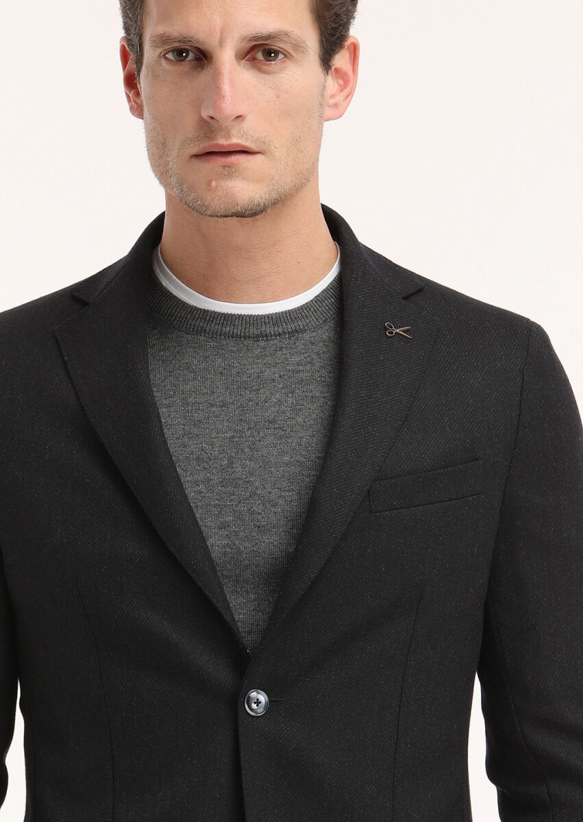 Siyah Mikro Comfort Fit %100 Yün Ceket - 3